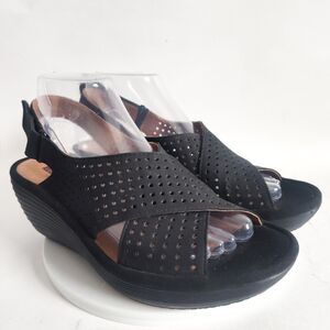 Clarks Comfort Sandals Size 8 Reedly Variel Black Leather Wedge Heel Platform